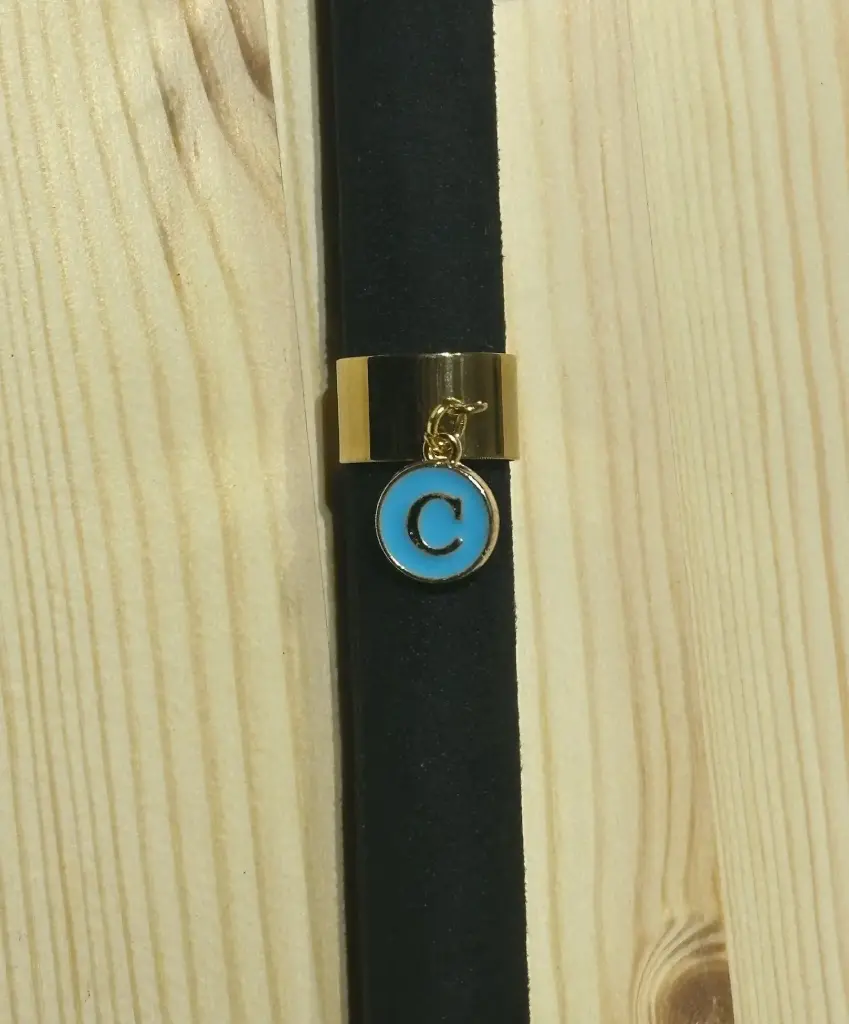 Bague dorée personnalisable lettre avec fond bleu en acier inoxydable (A)