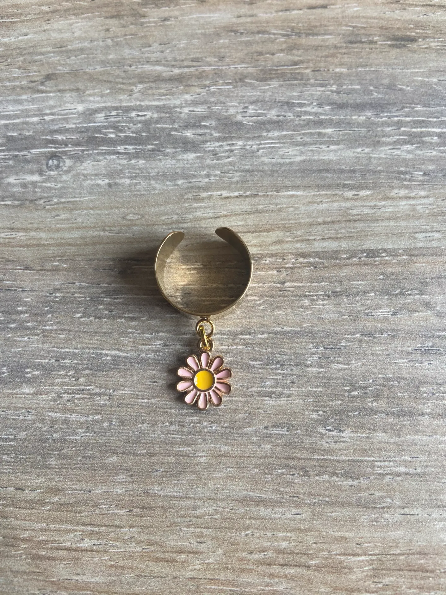 Bague dorée avec fleur rose en acier inoxydable