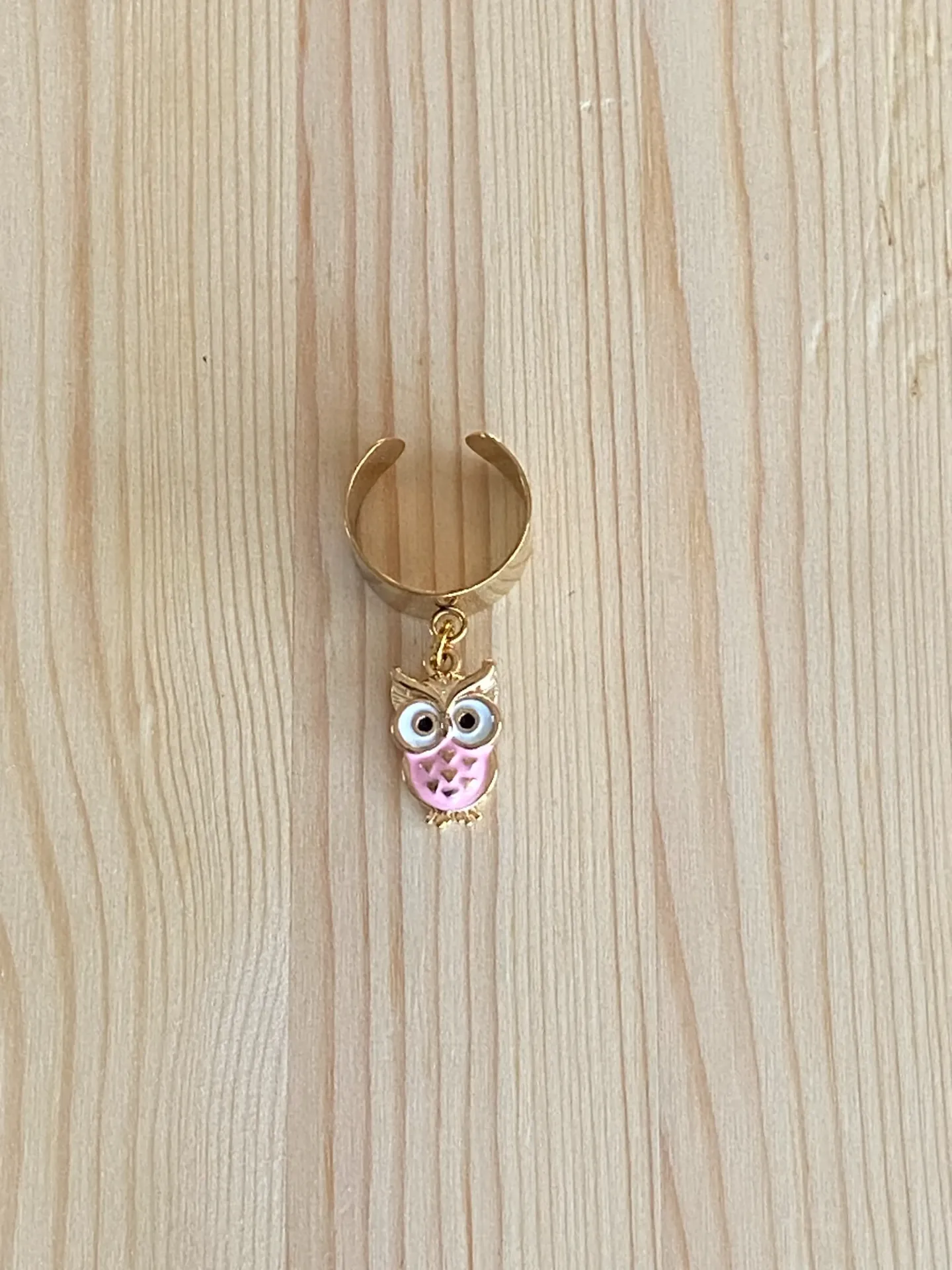 Bague dorée ajustable hibou rose en acier inoxydable