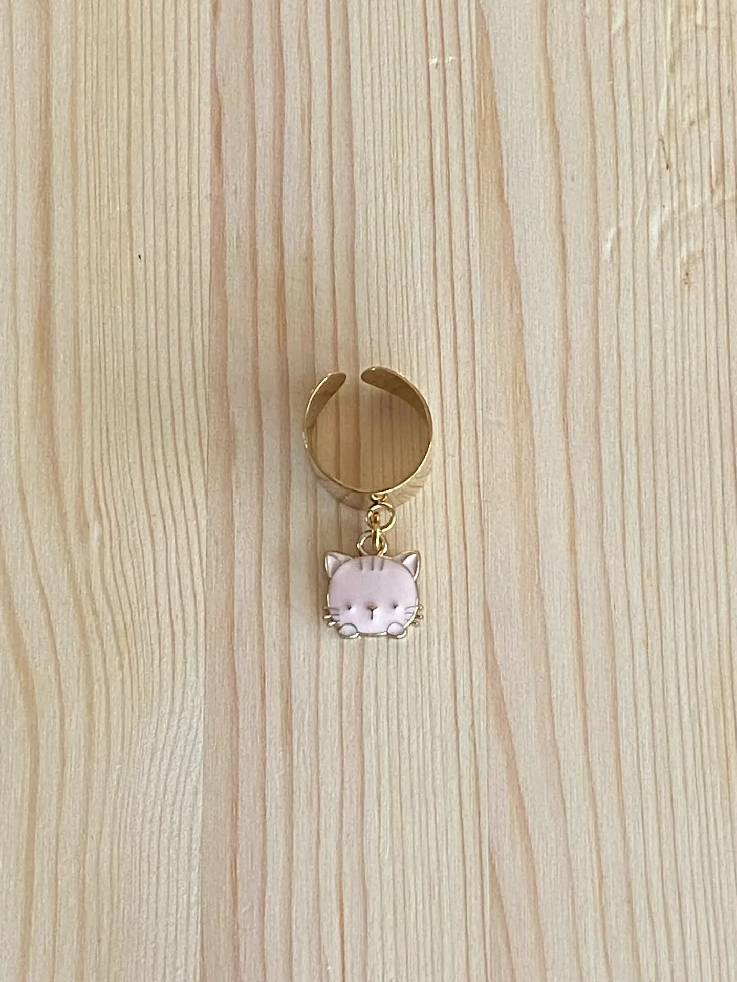 Bague dorée réglable chat rose en acier inoxydable