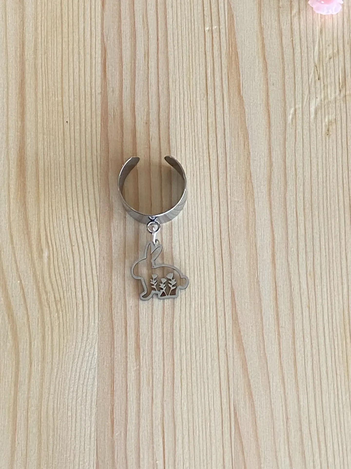 Bague argentée réglable lapin en acier inoxydable