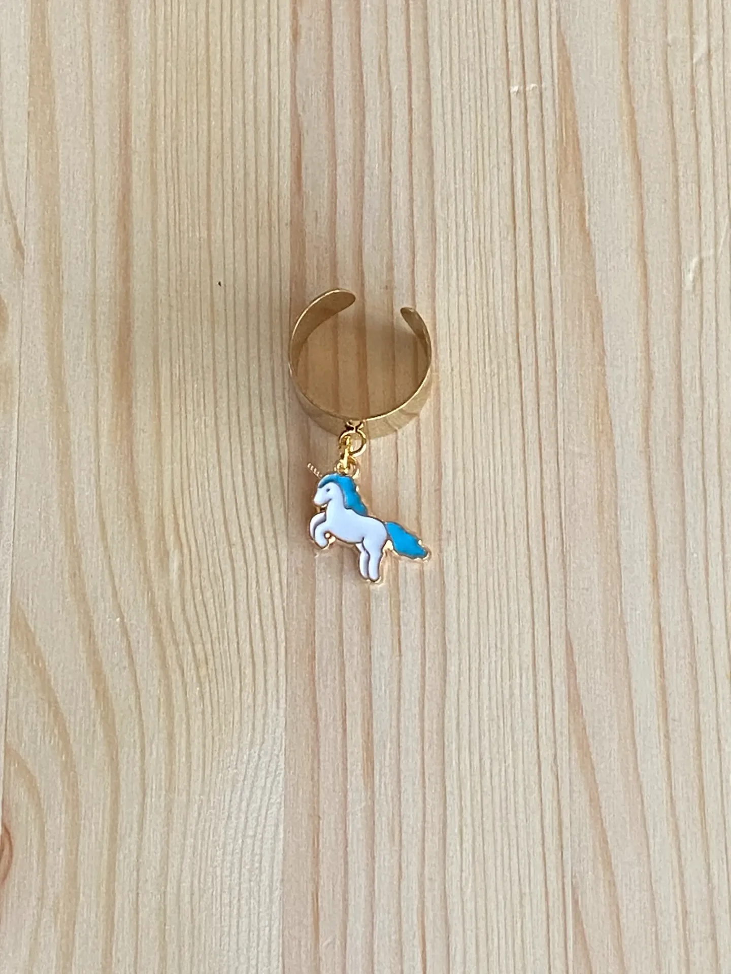 Bague dorée réglable licorne bleue en acier inoxydable